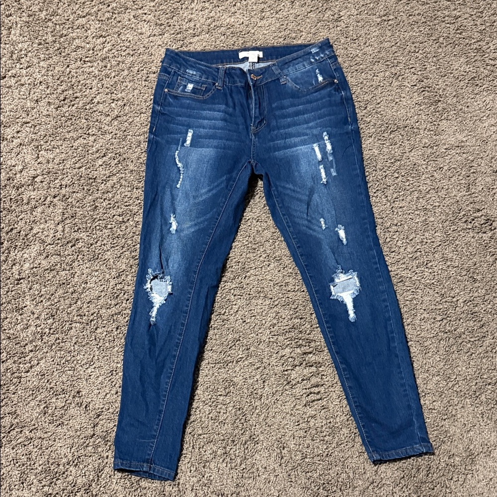 Forever 21 Dark Blue Distressed Skinny Jeans